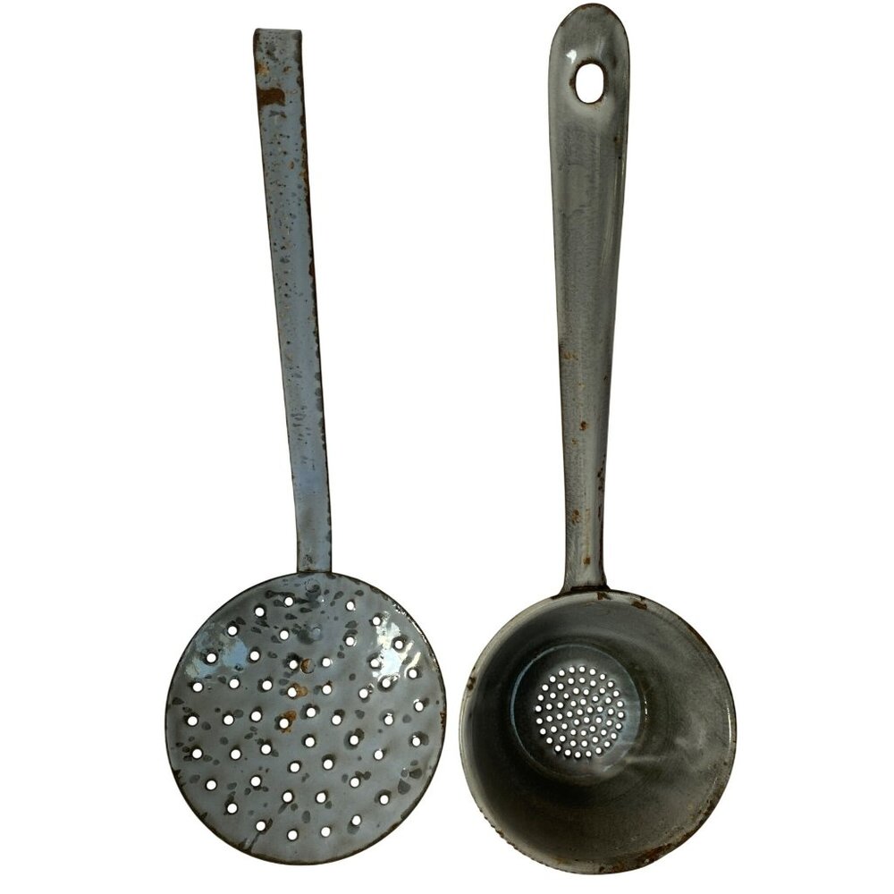 Vintage Graniteware Skimmer Ladle Rustic Decor Kitchen Tool Enamel Farmhouse